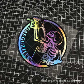 跨境外贸热销款骷髅喝汽油燃料图案镭射贴纸汽车渐变彩色装饰贴纸