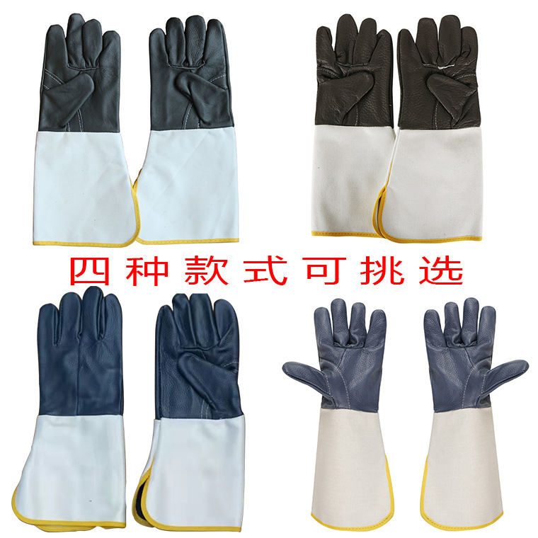 长款头层牛皮帆布接袖电焊手套深色拇指加筋加固耐磨隔热焊工手套