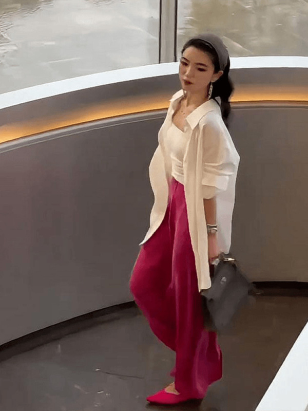 御姐范知性风长袖衬衫内搭吊带上衣玫红色半身裙三件套|undefined