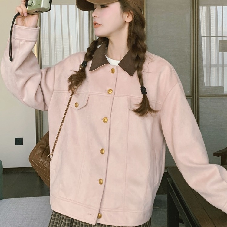 粉色鹿皮绒工装外套女春秋新款小个子学院风甜美宽松短款夹克开衫|undefined