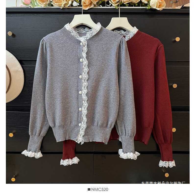 Lace Long Sleeve Stitching Knitted Sweater Coat Spring and Autumn New Casual All-match Cardigan Sweater Top for Women