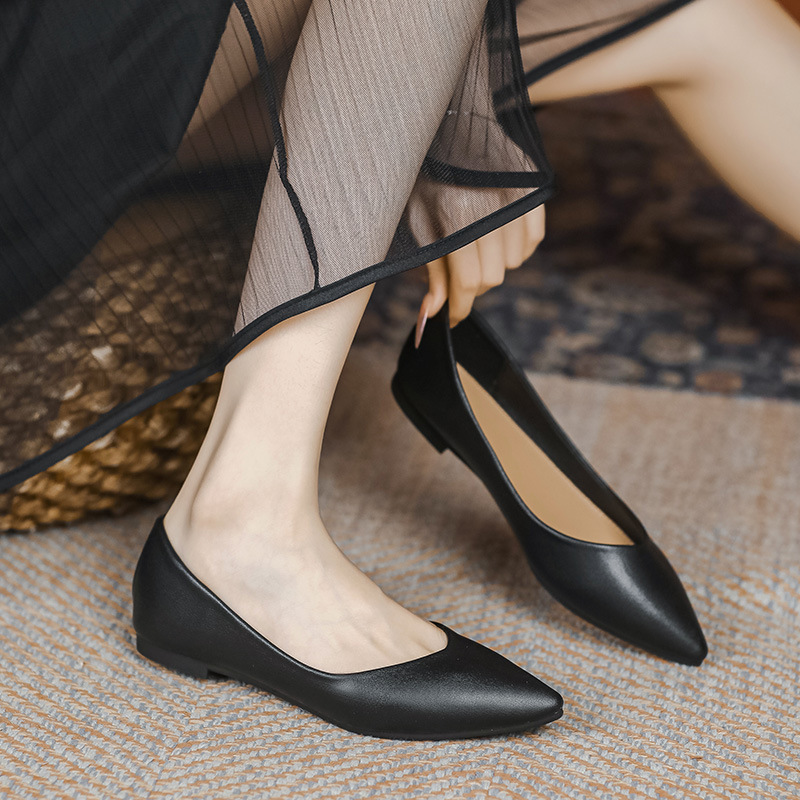 여성용 직장화, 2026년 신상, 뾰족코, 부드러운 밑창, 부드러운 가죽, 얕은 입구, 플랫, 면접, 은행, 가벼운 여성화
