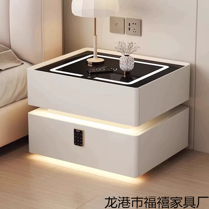 Mesa de cama crema inteligente dormitorio madera maciza carga inalámbrica ligera de lujo alta mesa de cama de tabla de roca flotante mesa de cabecera