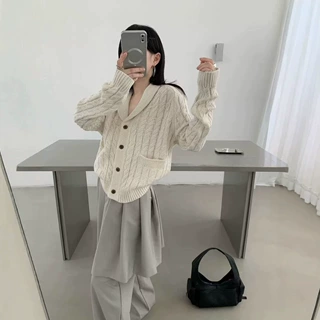 韩系复古老钱风绞花毛衣开衫女秋冬季宽松慵懒高级感针织外套上衣