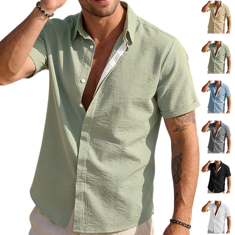Transfronterizo Europa y América Amazon verano hombre botón de color sólido camisa casual de manga corta de tendencia de vacaciones de playa camiseta hombre
