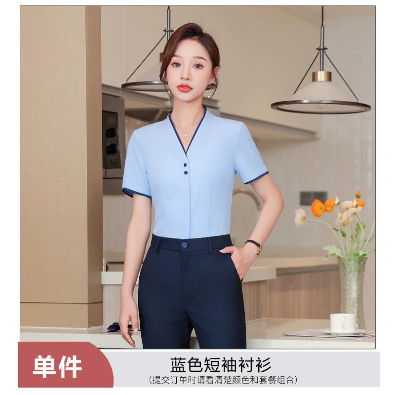 Рубашка для мужчин и женщин, униформа для отеля, комплект для работы, с коротким рукавом, V-образный вырез