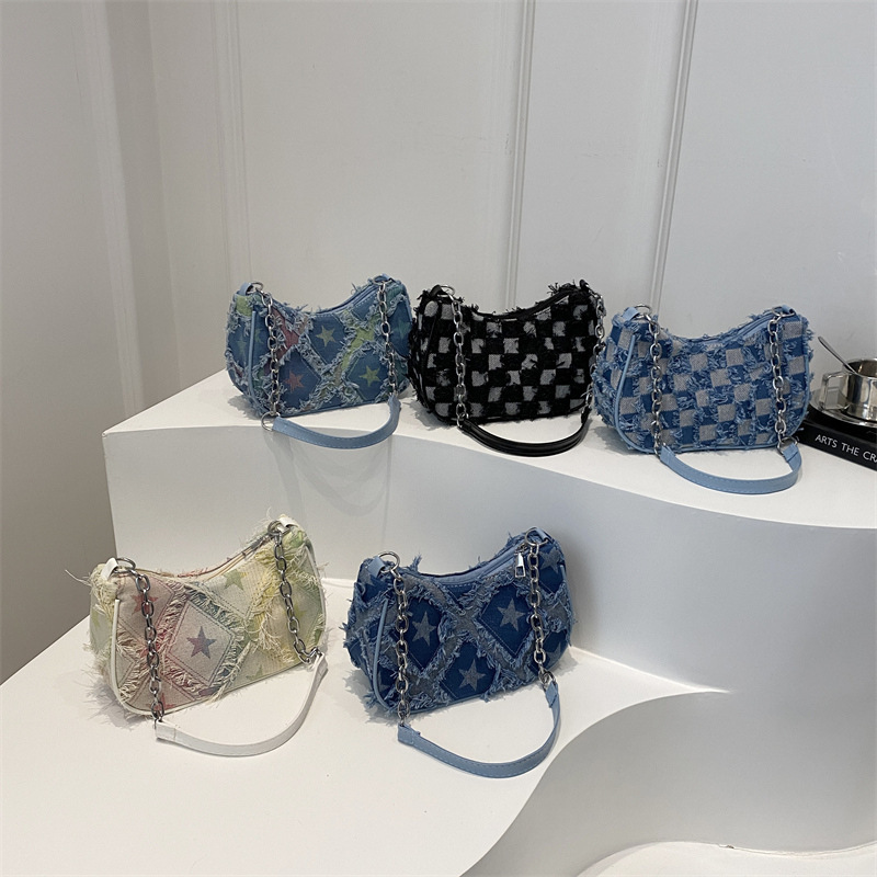 2024 Stylish Fashion Design Casual Cool Gradient Star Denim Chain Crossbody Shoulder Small Square Women's Bag