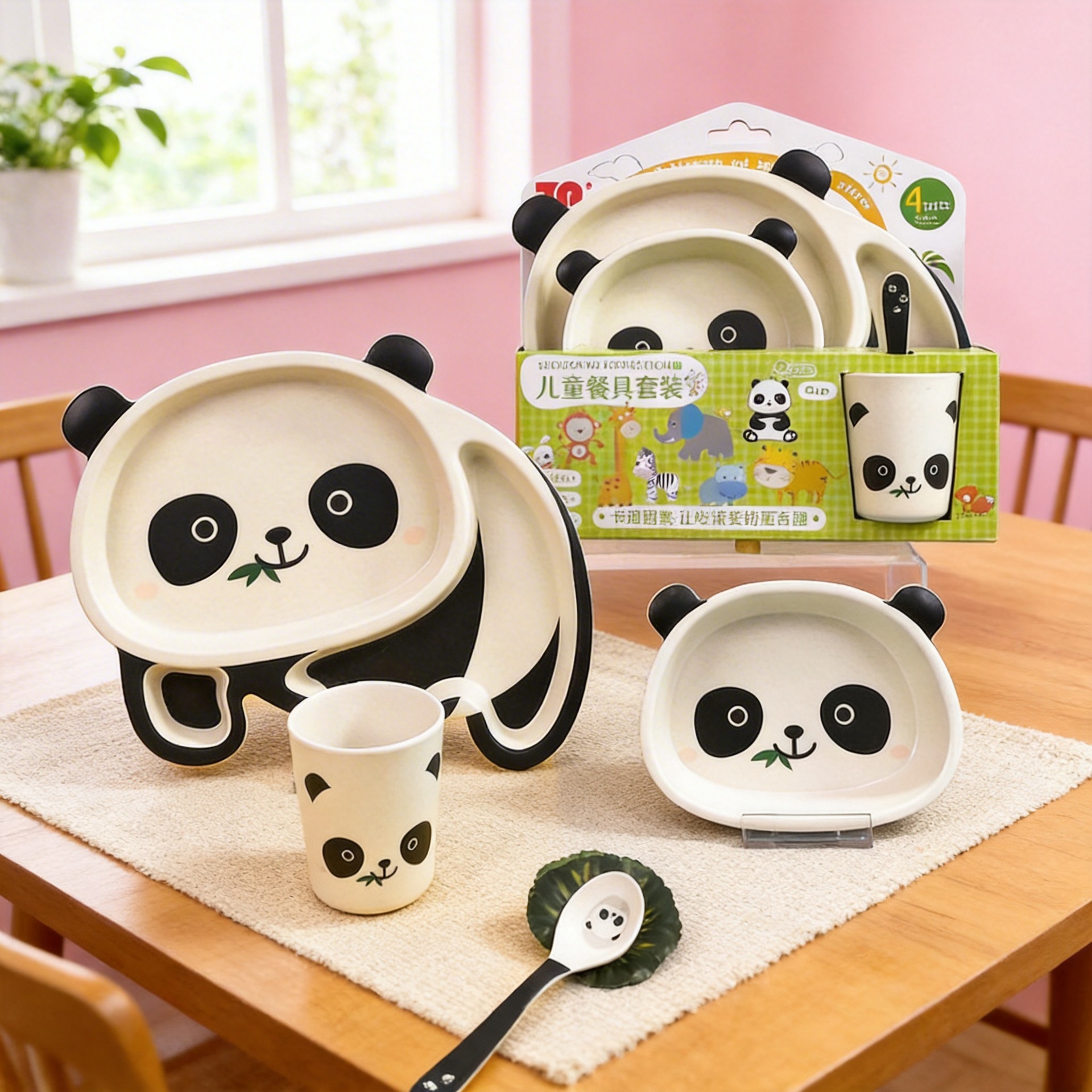 melamine bamboo fiber children's tableware suit cute panda eating bowl baby compartment dinner plate a generation of hair