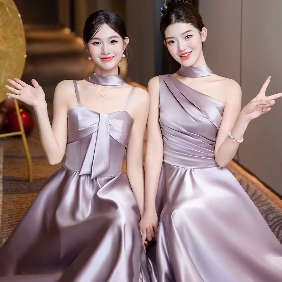 Purple Satin Bridesmaid Dress for Women, Niche High-End Style, One-Shoulder Graduation Gown, 2026 New Model, Sister Group Dress