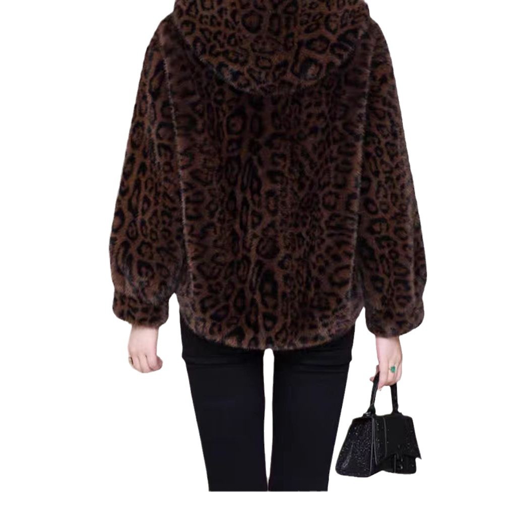 인터넷 인기 모조 모피 레오파드 무늬 재킷 짧은 후드 뉴 패션 모피 원 모조 밍크 양털 여성 의류
