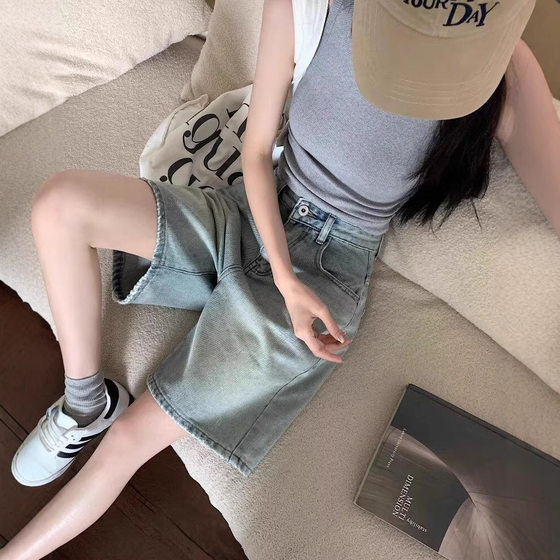 Hong Kong Style Retro Solid Color Denim Shorts Women's Summer Five-point Fashion Brand Loose Internet Red Pants Pants for Outdoor Wear in 2025