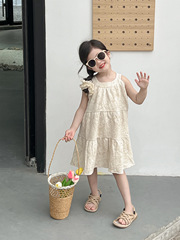 2024女童夏季氣質無袖公主連衣裙女寶寶掛脖式寬鬆棉麻提花背心裙