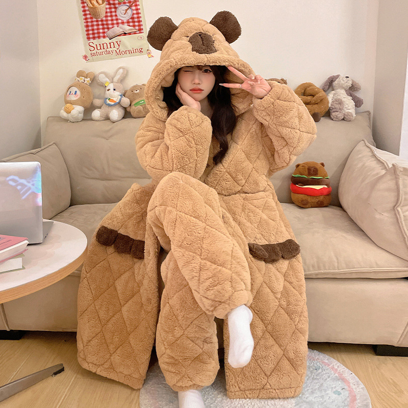 GraceChic GraceChic Women's Pajamas Three-Layer Quilted Robe Autumn Winter 2024 New Thickened Coral Fleece Homewear Set_voghion.com