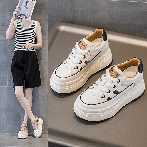 Summer new thick-soled wedge heel 9 cm heel height increased casual women's shoes hollow low-cut breathable leather sandals for women