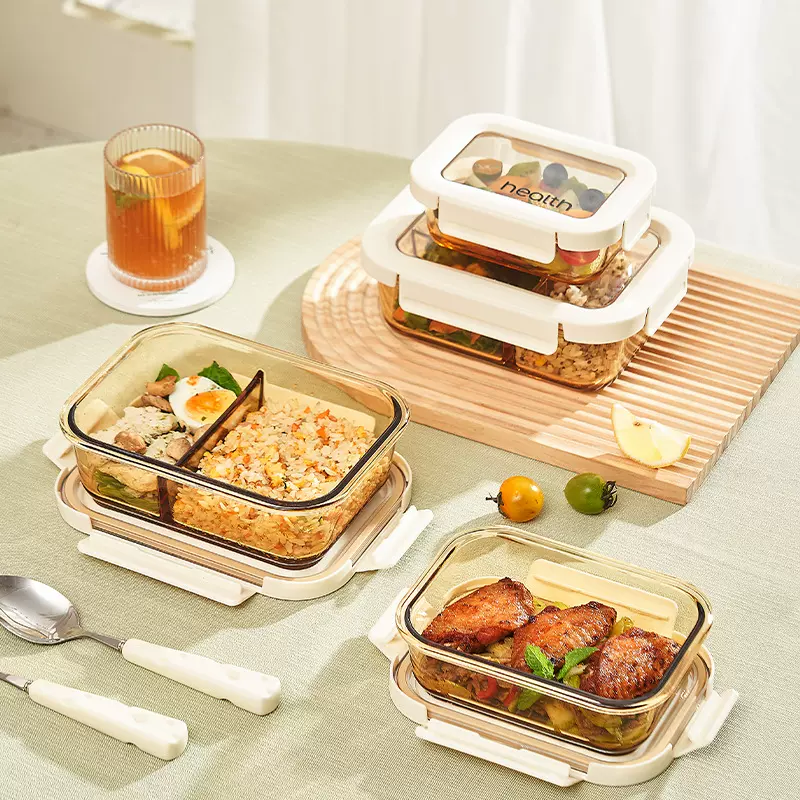 上班族玻璃保鲜盒冰箱密封收纳盒可微波炉加热饭盒带盖分格便当盒