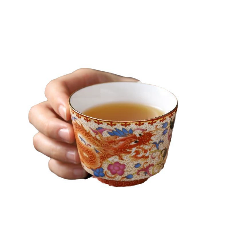 Retro enamel, tea cup, set, Chinese style, dragon and phoenix
