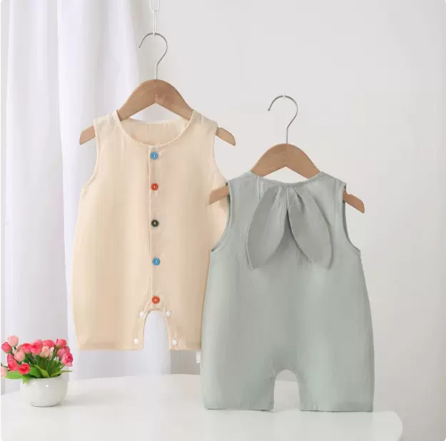 宝宝宽肩连体短裤夏男女童爬服婴儿薄款无袖夏季棉纱透气衣服新生