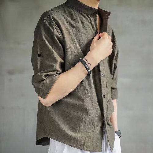 Japanese Retro Stand Collar Short Sleeve Shirt for Men - Summer Trend Brand High-End Sophisticated Dandy Men's Shirt - Plus Size Seven-Finger Sleeve