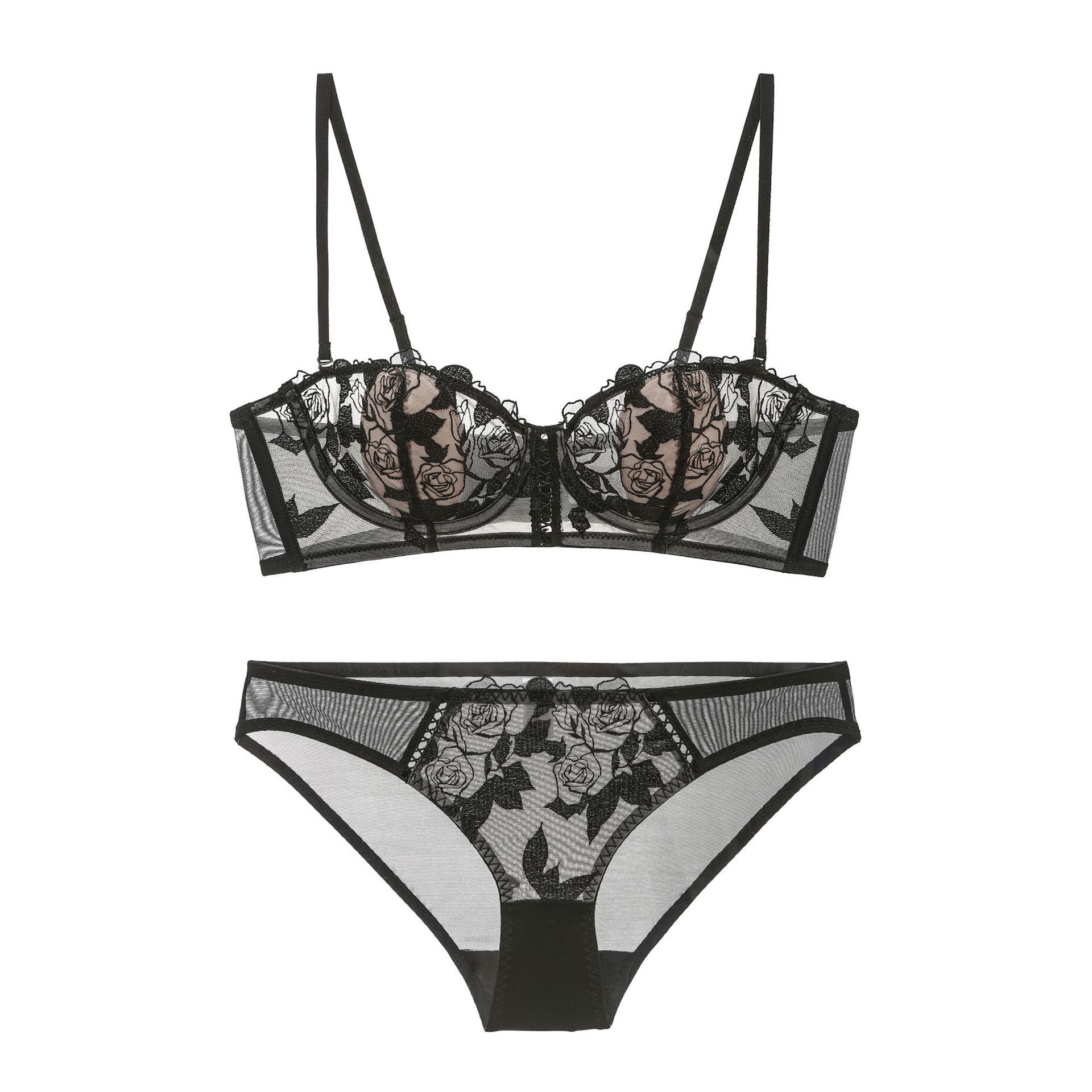 Ensemble de sous-vêtements français Sexy avec broderie de roses, anneau en acier doux rouge, avec oreilles de lapin, grande poitrine, petite poitrine et côté_voghion.com