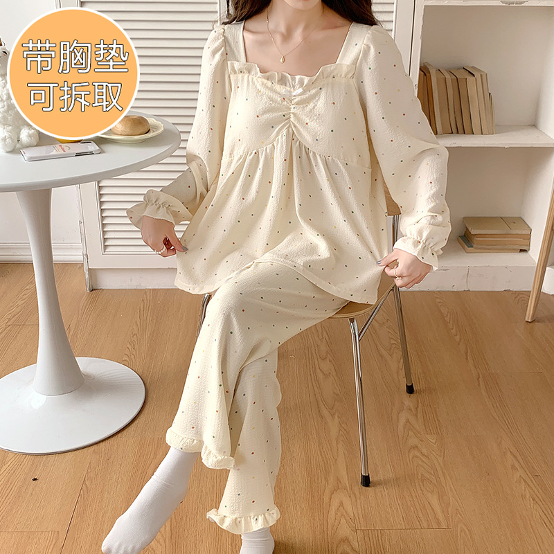 Más tamaño de manga larga pijamas de las mujeres tejidas con volantes con cuello en V Jersey de algodón de otoño e invierno dulce ropa de casa casual con el pecho pad traje