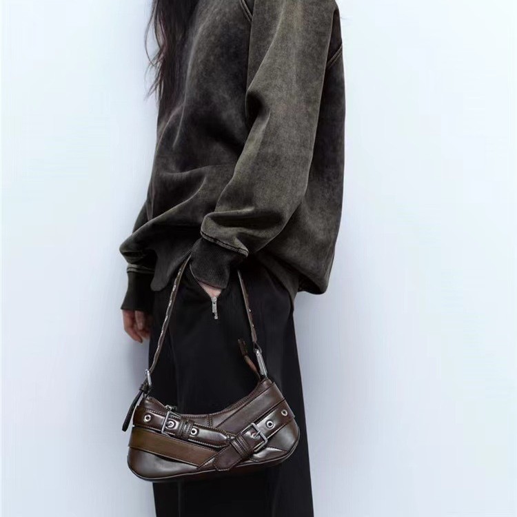 Z-Brand Cross-Border Women's Bag 2025 New Original Niche Retro Black Hot Girl Motorcycle Shoulder Bag Underarm Baguette Bag - Thumbnail 2