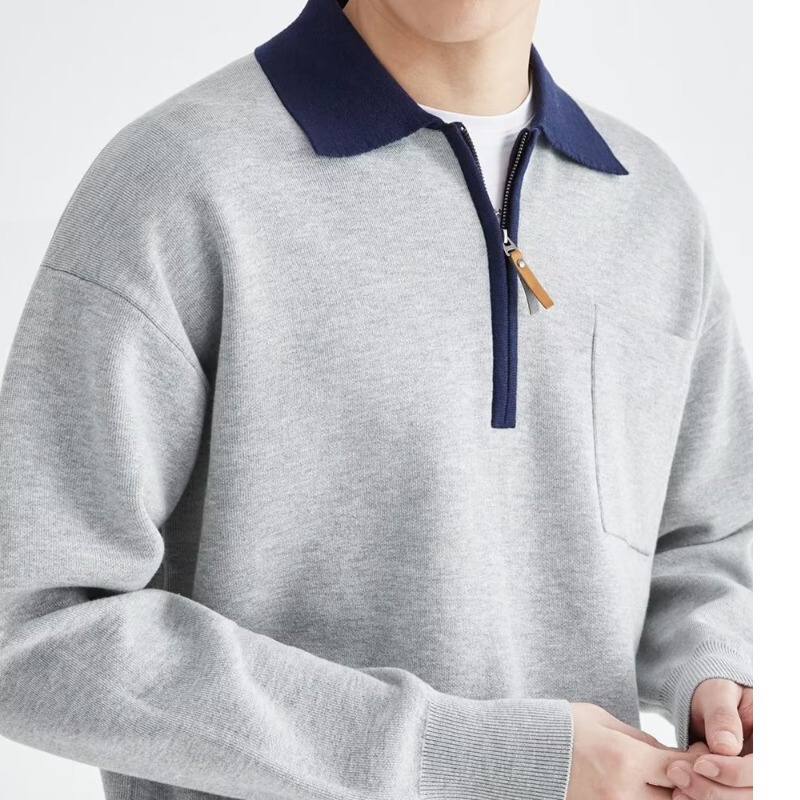 Cross-Border Color-Block Knit Polo Shirt for Men, Half-Open Collar Sweater, Long-Sleeve Top, Men's Autumn Light Mature Style Sweatshirt