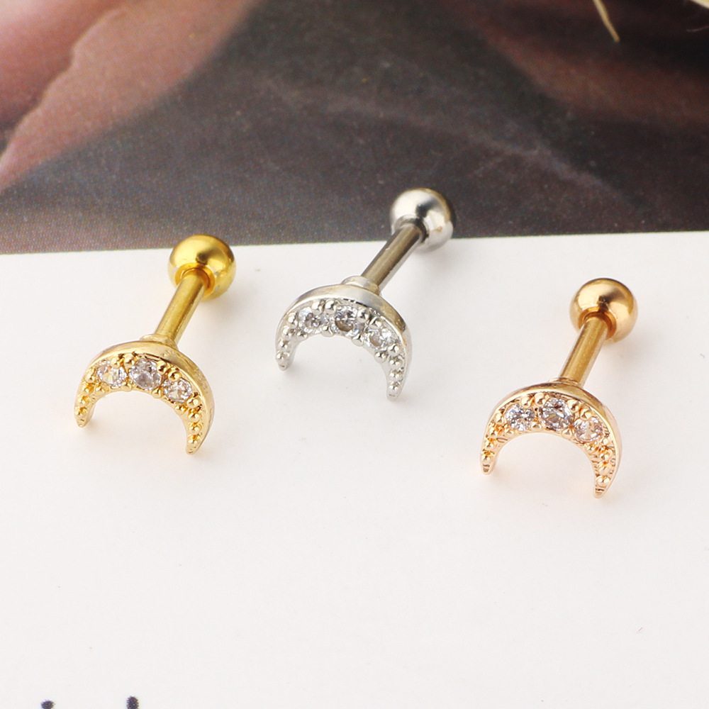 Simple Style Moon Stainless Steel Zircon lip stud Ear Studs 1 Piece