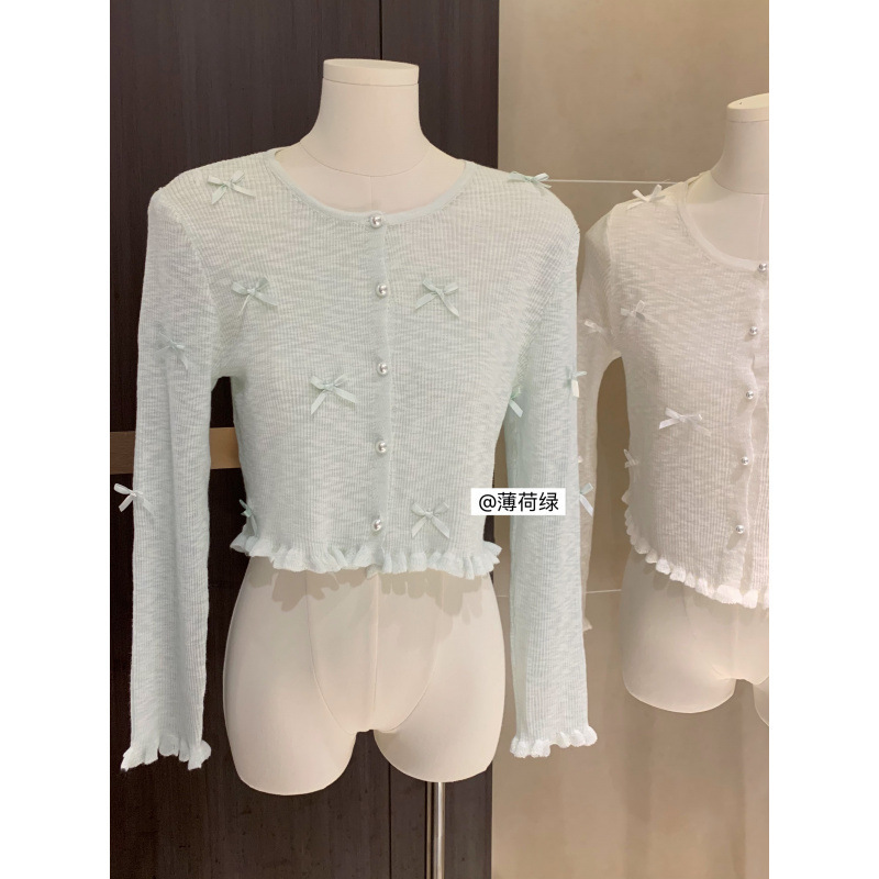 Sena Thin Sunscreen Knitted Cardigan Women's 2025 Summer New Arrival Ear-rimmed Blouse Short Top