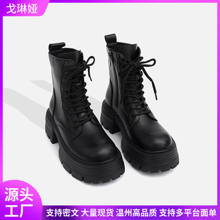 Boots for Women 2025 Autumn and Winter New Single Boots Thick Sole Inner Heightening British Style Slim Boots Short Boots Lace-Up Boots