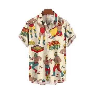New Retro Men's Shirt 3D Mexican Wrestling Print Short-Sleeved Shirt Fashion Men's Clothing Shirt