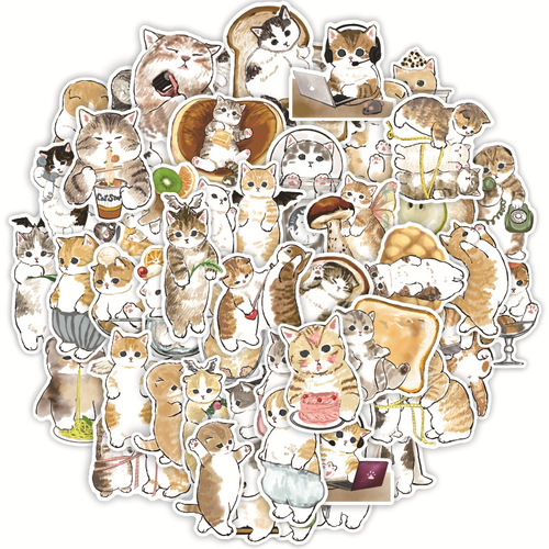 50 cartoon hand-drawn cute cat stickers for notebooks, water-resistant luggage, stationery, guitars, and books