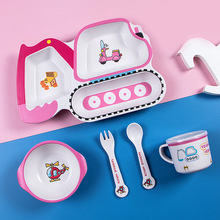 竹纖維兒童喂養餐具餐盤杯叉勺碗寶寶吃飯卡通可愛輔食碗五件套裝