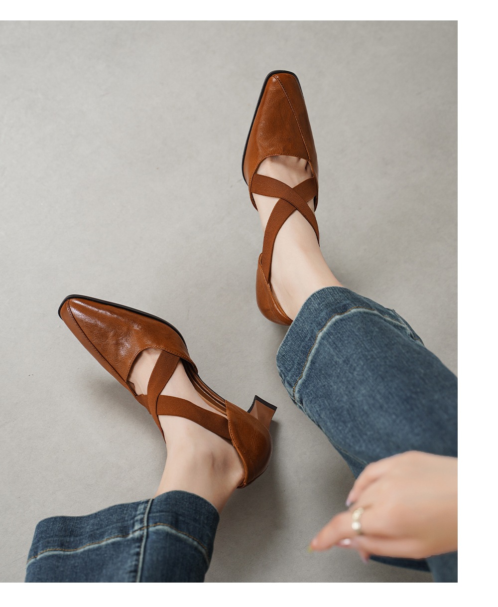 Sandal cao gót nữ da cừu mũi trùm cổ điển, gót vuông ổn định, quai thun co giãn — đen chi tiết 10