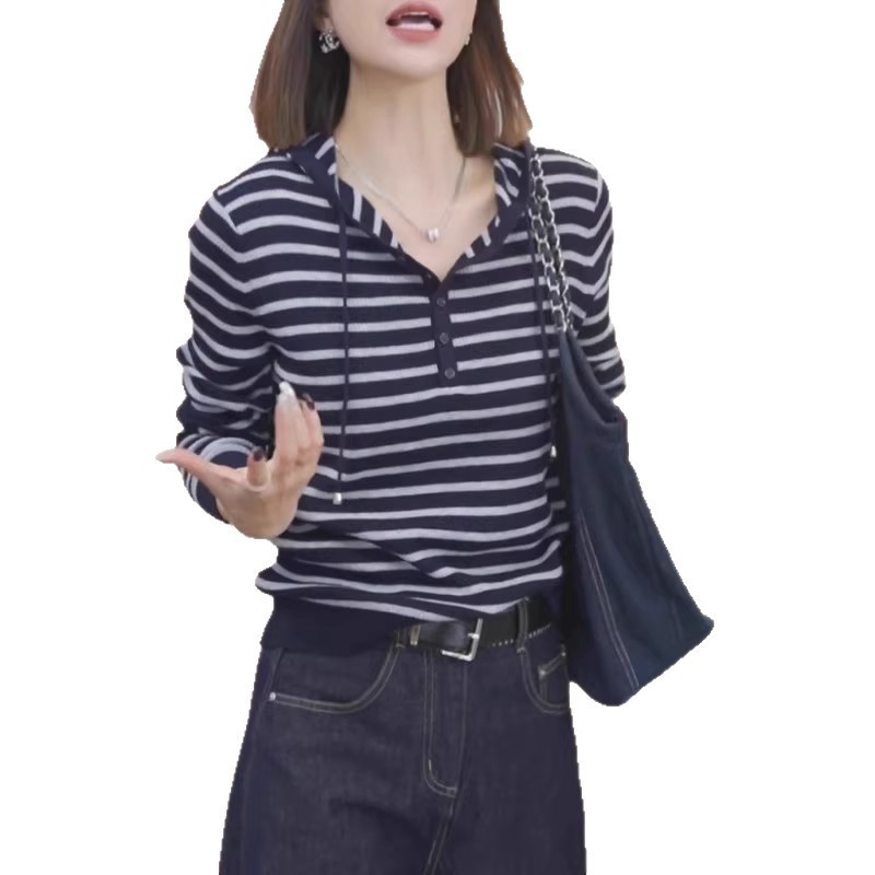韩系穿搭条纹连帽针织衫女秋季大码时尚小个子休闲宽松减龄上衣|undefined
