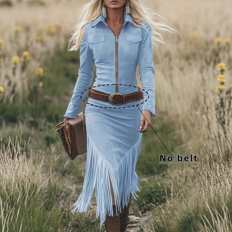 In-Stock Amazon Hot-Selling Cross-Border European and American 2025 Western Cowboy-Style Suede Fringe Slim-Fit Long-Sleeve Dress