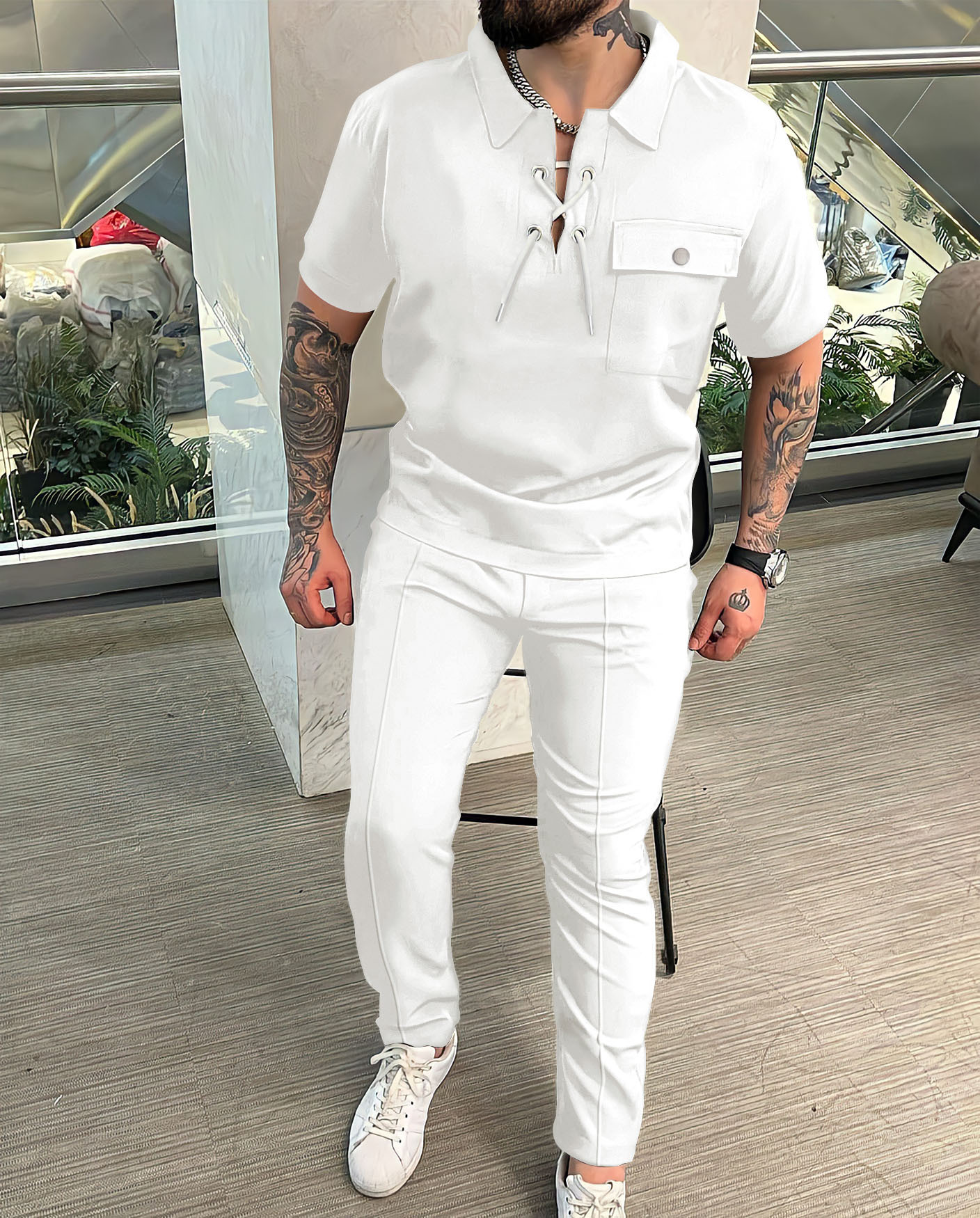 Otoño Amazon AliExpress europeo y americano transfronterizo hombres camisa casual manga corta Camiseta + Pantalones hip hop traje de personalidad