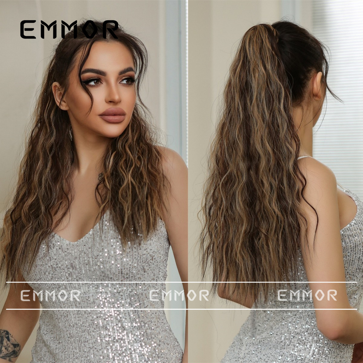 Peluca de mujer con cordones de cola de caballo alta ondulación del agua largo cabello rizado cabello esponjoso natural sin costuras aumento peluca pieza de cabello