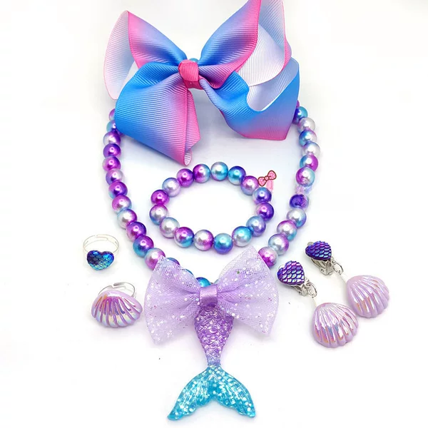 Children's Mermaid Tail Bow Necklace Bracelet Little Girl Princess Shell Earring Clip Fish Scale Ring Set
