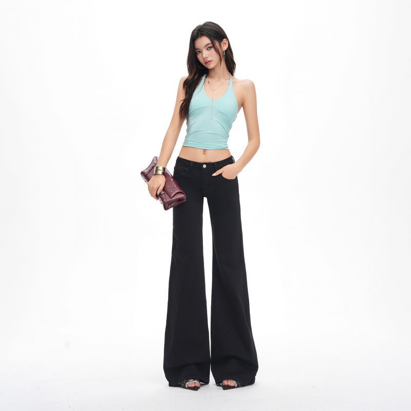 In-Stock Wholesale Indoor White Base Spring/Summer Spicy Girl Low-Waist Round Pocket Design Slightly Loose Stretchy Flared Jeans for Women