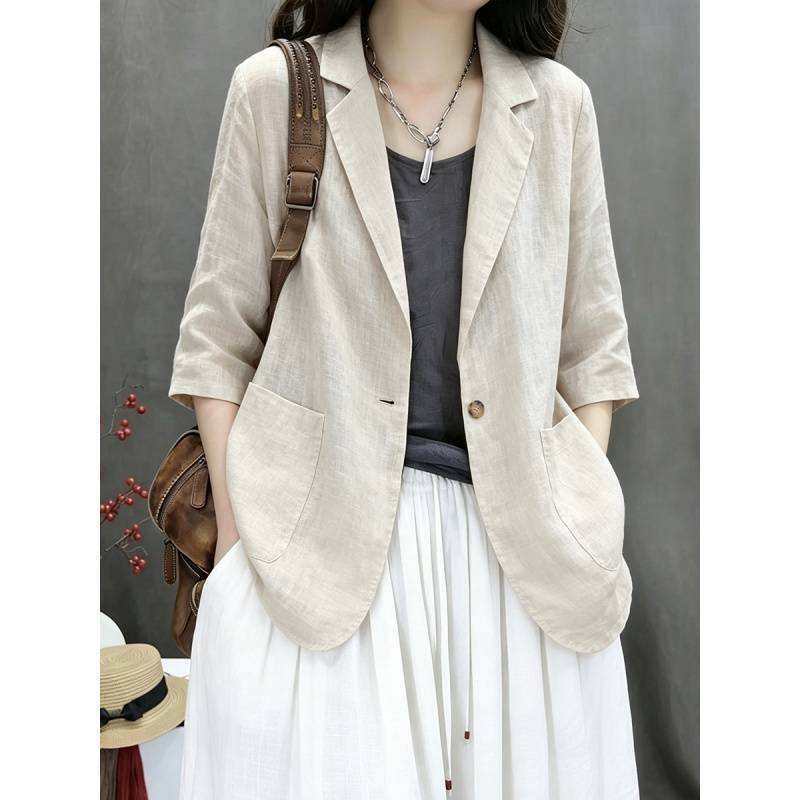 2026 New Style Cotton and Linen Casual Three-Quarter Sleeve Short Jacket Solid Color Blazer Top 2026 New Style Cotton and Linen Casual Three-Quarter Sleeve Short Jacket Solid Color Blazer Top