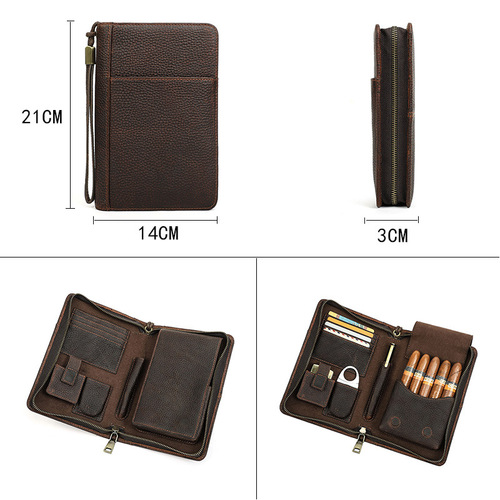 Wholesale genuine leather cigar box 5 pack with wrist zipper multifunctional travel convenient cigar box leather case