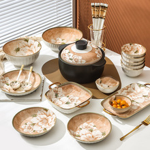 日式山茶花简约轻奢釉下彩陶瓷餐具盘子米饭碗碟子1人食五件套