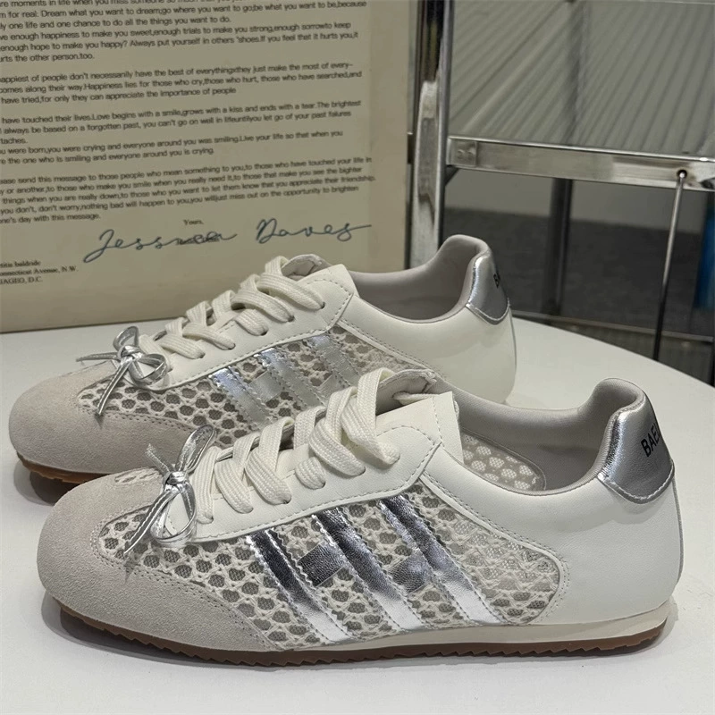 Кожа версия ~ Винтажная сетка с круглой головкой с бантиком на шнуровке Agiande Traveils Женская спортивная обувь с шнуровкой