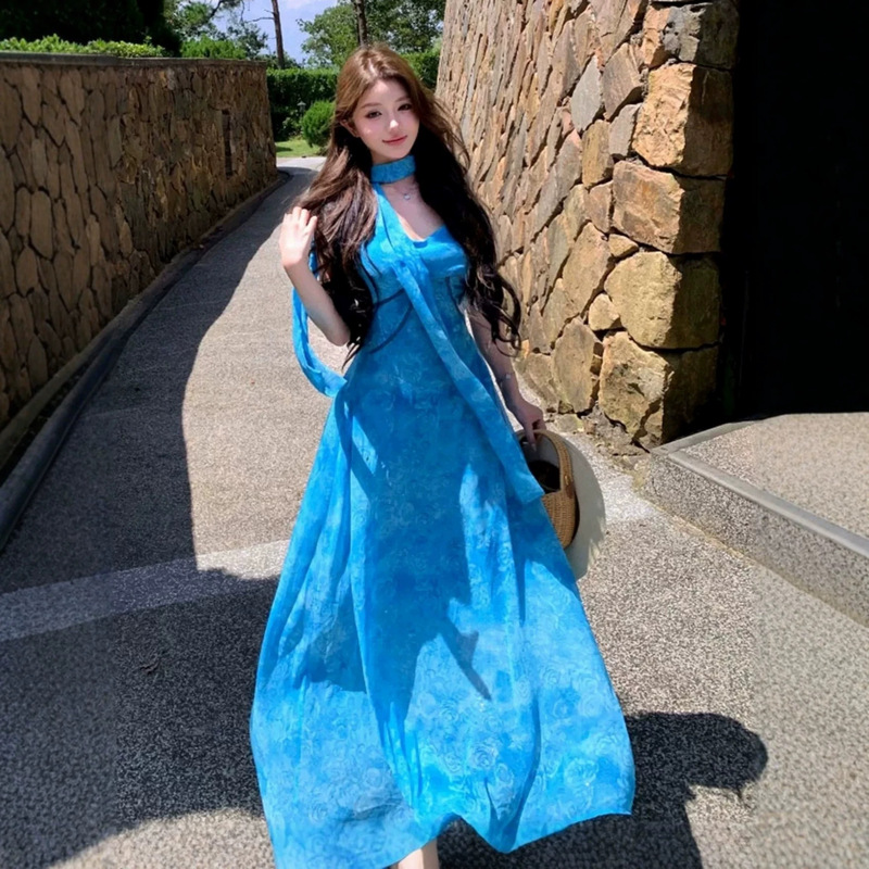 Beautiful Island Photo Shoot Outfit, Blue Printed High-End Elegant Waist-Cinching Dress, Women's Seaside Resort Style Long Dress Beautiful Island Photo Shoot Outfit, Blue Printed High-End Elegant Waist-Cinching Dress, Women's Seaside Resort Style Long Dress