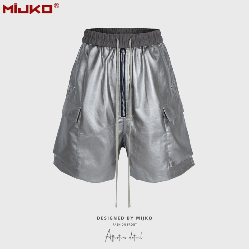 MIJKO Men's Wear Women's Spring and Summer New Casual Pants Unisex Zipper Long Drawstring Matte Top Coated Tooling Shorts