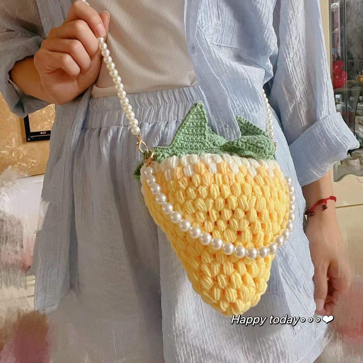 노란색 그레이드 딸기 가방 (소재 가방) 소재 크로스 바디 진주 체인 핸드 체인