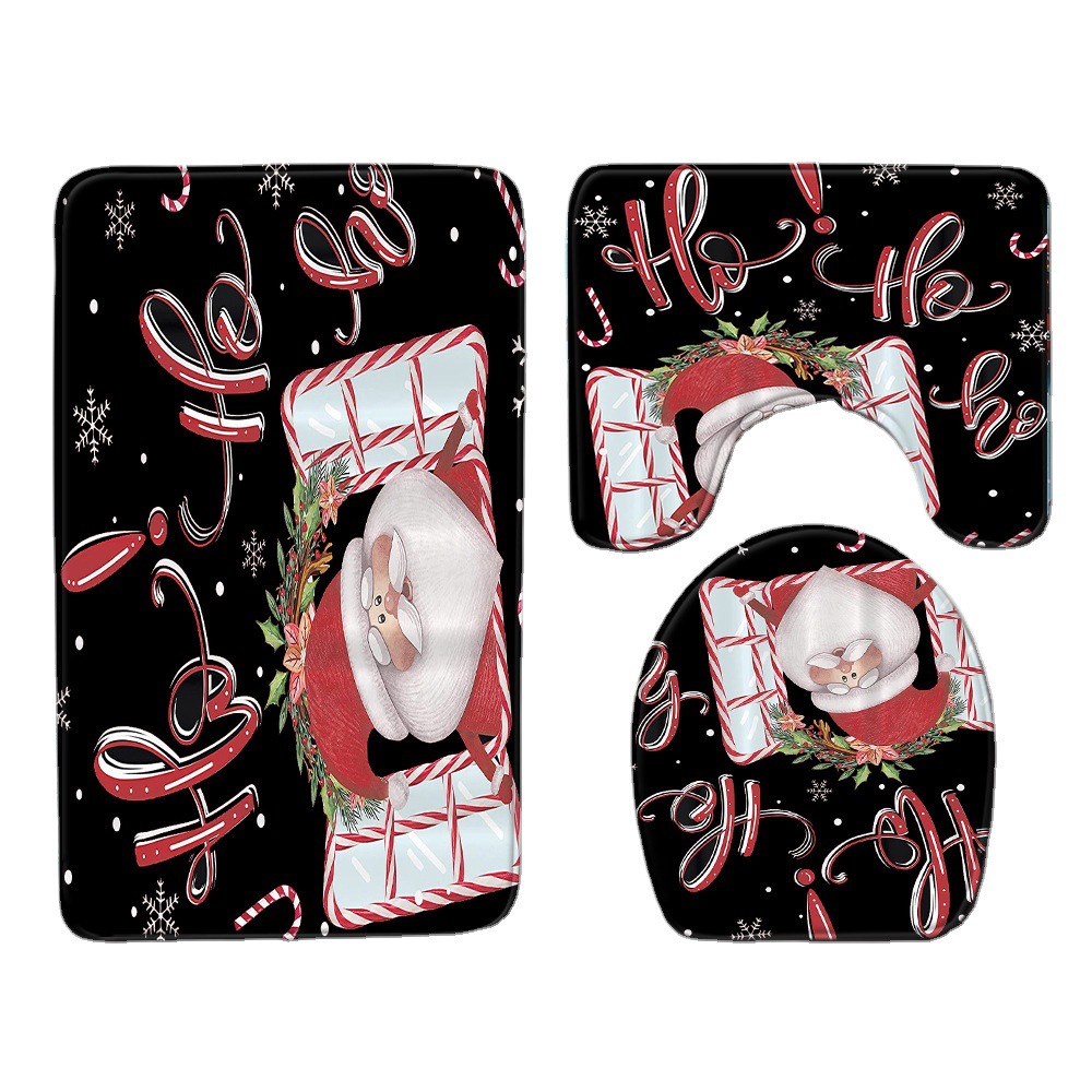 亚马逊新款圣诞马桶套装三件套雪人浴室防滑地垫卧室地毯一件代发