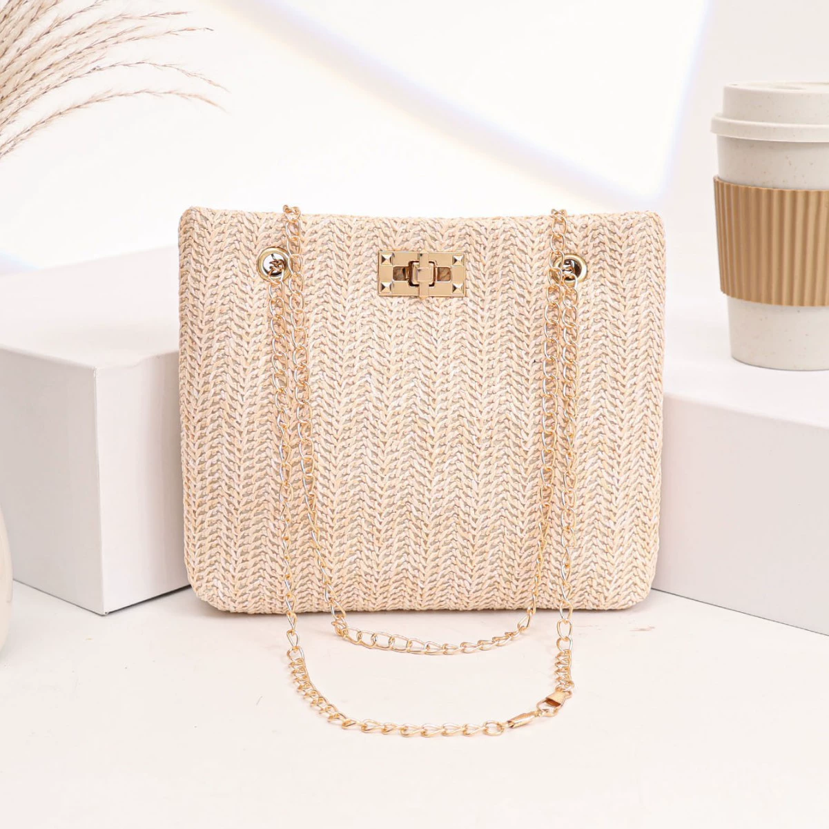 Летняя цепочка, универсальная новая сумка через плечо большой вместимости, женская соломенная повседневная модная женская сумка абрикосового цвета среднего размера