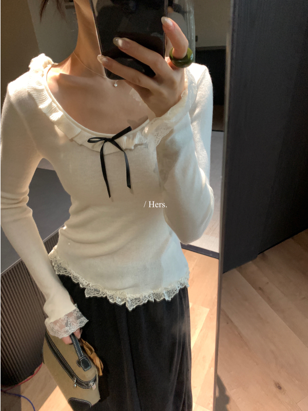 Hers一勺甜秋季法式复古蕾丝拼接蝴蝶结百搭U领长袖针织衫女92421|undefined