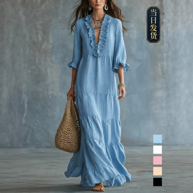 European and American cross-border Amazon TK women's bohemian V-neck layered casual flowy long ruffle dress